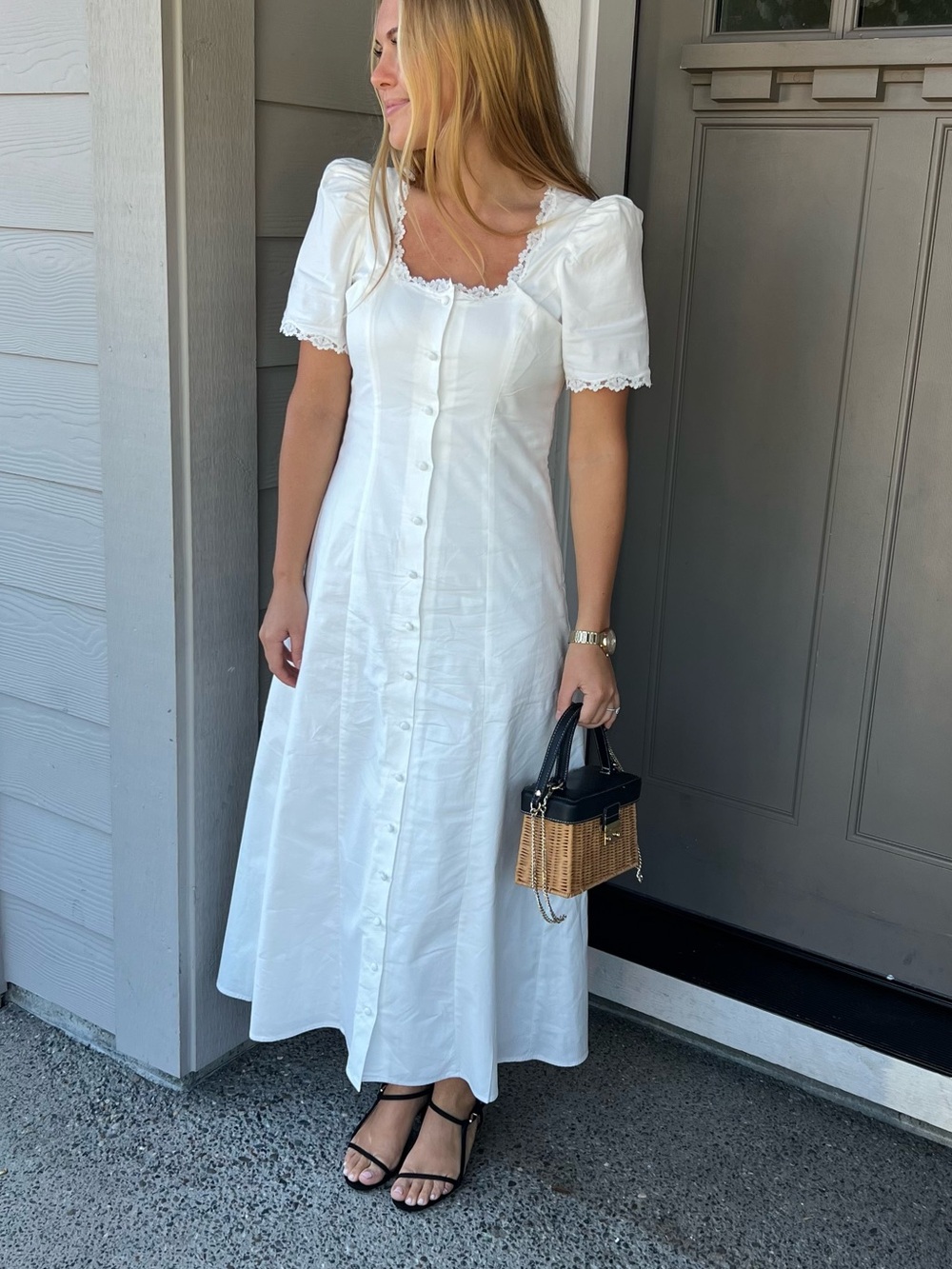 Reformation White Button-Front Maxi Dress with Puff Sleeves